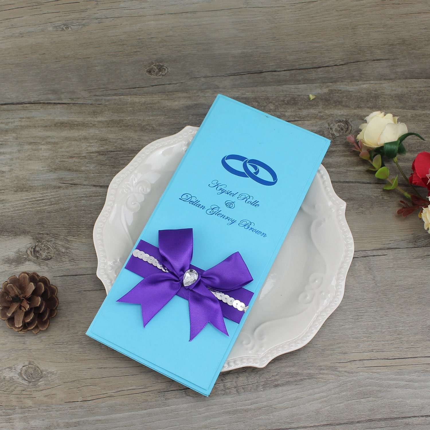 Blue Invitation Card Rectangle Wedding Invitation Card with Purple Ribbon Bow 